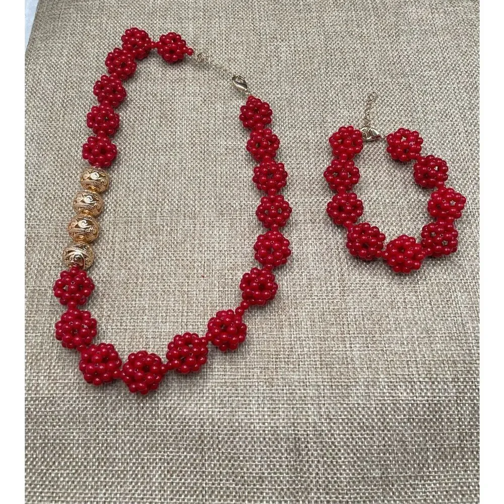 Charming Cherry Two piece Set Necklace and Bracelet Bright Red Beaded